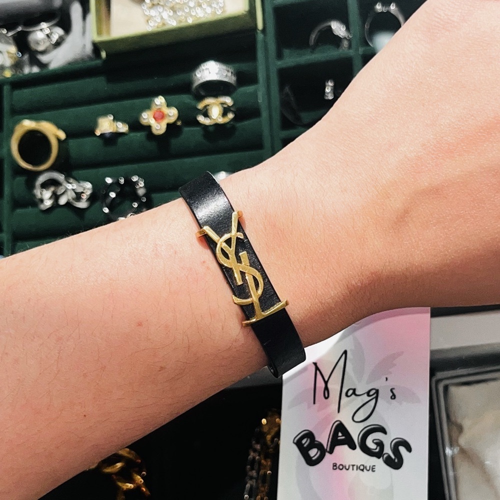 YSL: Saint Laurent Gold Monogram Logo Leather Bracelet